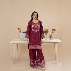 Embroidered Maroon Kurta Set